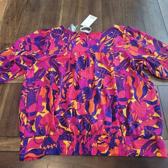 Rose+Olive Womens Vibrant Tropical Print Tie-Front Blouse size S - Picture 2 of 5